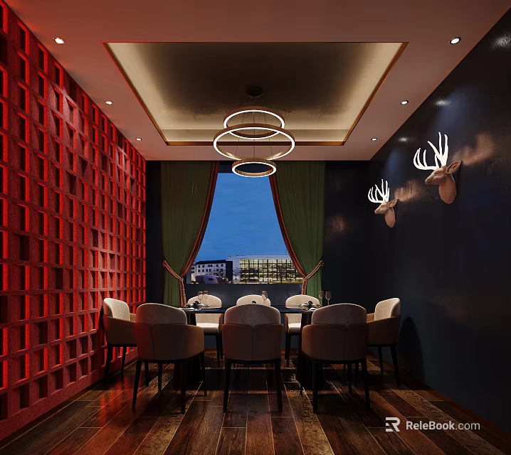 Private Dining Box With Red Lattice Wall Green Curtains And Circular Pendant Lights 3d model 