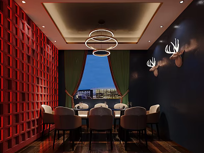 Private Dining Box With Red Lattice Wall Green Curtains And Circular Pendant Lights 3d model