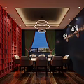 Private Dining Box With Red Lattice Wall Green Curtains And Circular Pendant Lights