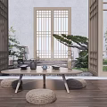 Traditional Tea Room Interior With Grille Windows Tea Set Woven Stools And Pine Tree