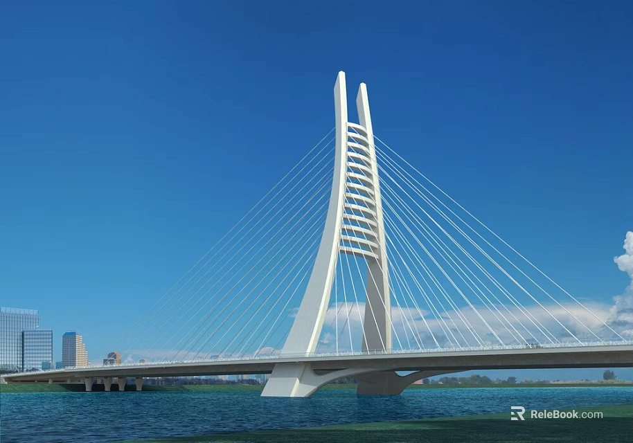 Modern Cable Stayed Bridge With White Main Tower Over Blue Water And City Skyline 3d model 