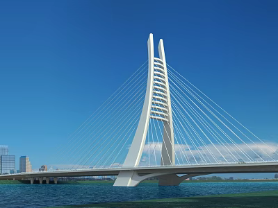 Modern Cable Stayed Bridge With White Main Tower Over Blue Water And City Skyline 3d model