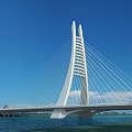 Modern Cable Stayed Bridge With White Main Tower Over Blue Water And City Skyline