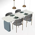 Dining Table Set With White Tabletop Light Blue Base And Gray Striped Chairs 3d model