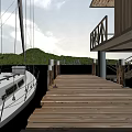Wooden Bridge Dock With White Sailboat Green Hills And Cloudy Sky