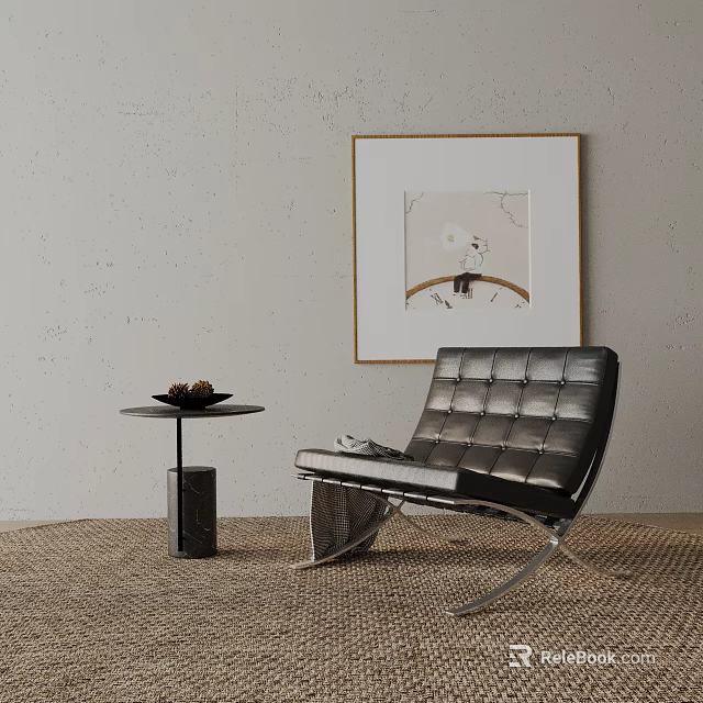 Black Leather Leisure Chair with Metal Frame Near Side Table and Wall Art on Rug 3d model 