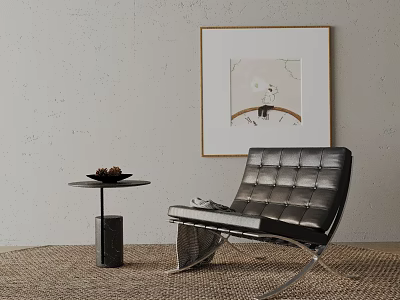 Black Leather Leisure Chair with Metal Frame Near Side Table and Wall Art on Rug 3d model