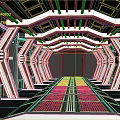 Cartoon Futuristic Corridor Scene With Symmetric Metallic Structures Geometric Frames Shiny Floor And Doorway