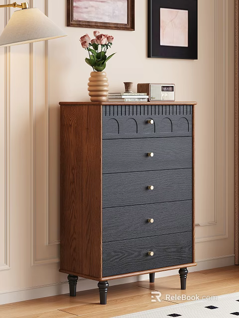 Wooden Chest of Drawers Featuring Dark Blue Drawers Golden Handles And Top Vase Books Clock 3d model 