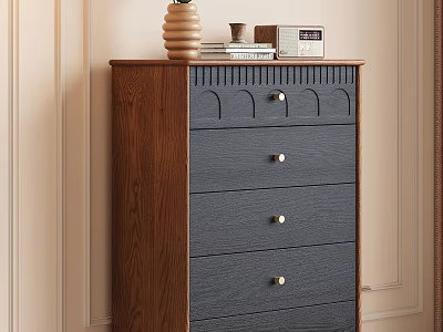 Wooden Chest of Drawers Featuring Dark Blue Drawers Golden Handles And Top Vase Books Clock 3d model