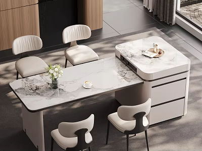 Modern Restaurant Interior Design With Marble Dining Table White Chairs Flower Vase And Coffee Cup 3d model