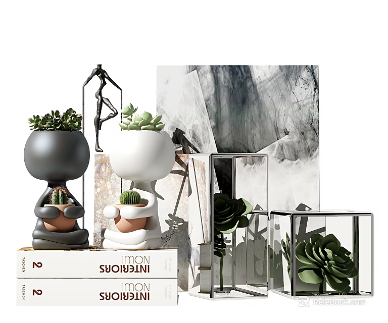 Home Decorative Ornaments Set With Cartoon Figurines Succulents Glass Containers And Books 3d model 
