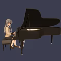 Anime Girl With White Hair And Yellow Eyes Playing Piano On Dark Blue Background