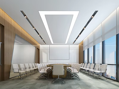 Modern Conference Room Design With Large Table Surrounding Chairs Whiteboard Large Windows And Natural Light 3d model