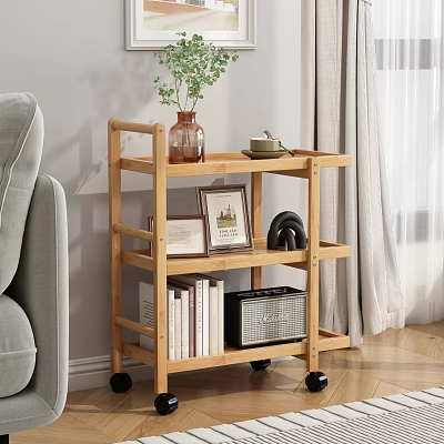 Wooden Rolling Shelf Unit With Vase Photo Frames Radio And Books In Living Room 3d model