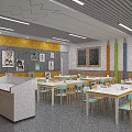 School Classroom Interior With Yellow Gray Walls Tables Chairs Lectern And Wall Artworks 3d model