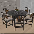 Traditional Round Dining Table And Chairs Set With Marble Top And Cushioned Seats