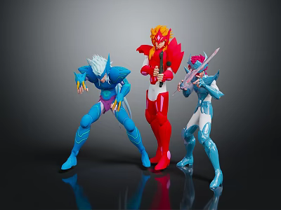 Game and Movie Characters in Blue Red and White Armor with Weapons and Dynamic Poses 3d model