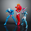 Game and Movie Characters in Blue Red and White Armor with Weapons and Dynamic Poses