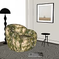 Green Beige Floral Pattern Velvet Accent Chair With Black Floor Lamp And Side Table