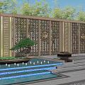 Intricate Lattice Garden Wall With Stone Steps Water Features And Green Plants