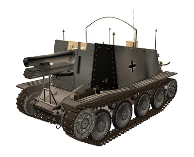 Military Armored Tank With Cannon Tracks Multiple Wheels And Cross Insignia 3d model