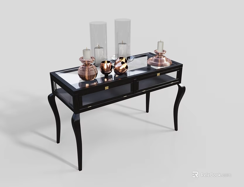 Modern Black Console Table With Glass Top And Copper Decorative Candle Holders 3d model 