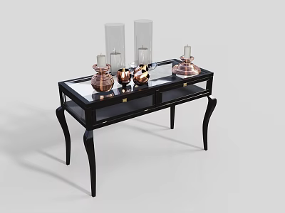 Modern Black Console Table With Glass Top And Copper Decorative Candle Holders 3d model