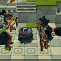 Cartoon Scene With Three Feathered Characters Around Skull Cauldron And Stone Steps