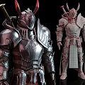 Game Movie Character In Detailed Silver Armor With Red Cape Horns And Sword Double View
