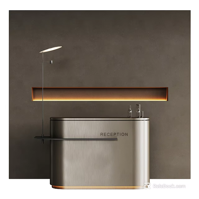 Modern Reception Desk With Metallic Surface Background Wall Lighting Strip And Table Lamp 3d model 