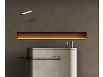 Modern Reception Desk With Metallic Surface Background Wall Lighting Strip And Table Lamp 3d model