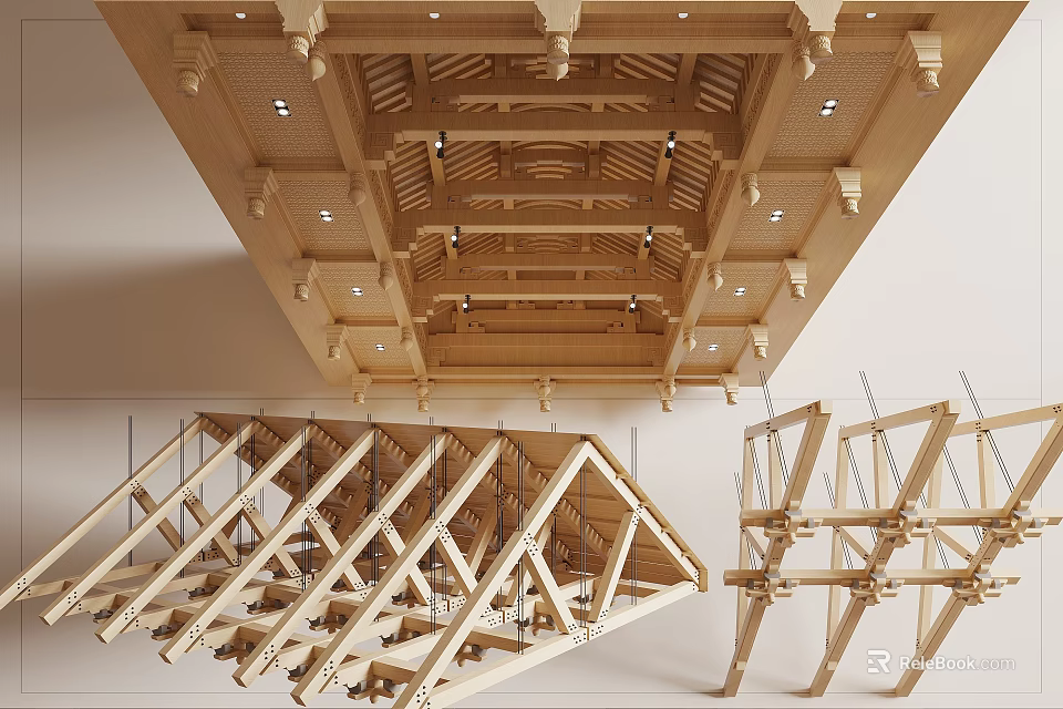 Wooden Ceiling With Exposed Beam Structure And Recessed Lighting For Interior Design 3d model 