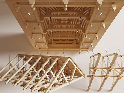 Wooden Ceiling With Exposed Beam Structure And Recessed Lighting For Interior Design 3d model