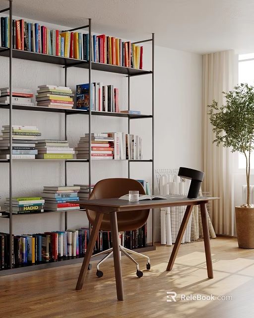 Cozy Study Room Interior With Bookshelves Wooden Desk Brown Chair And Potted Plant 3d model 