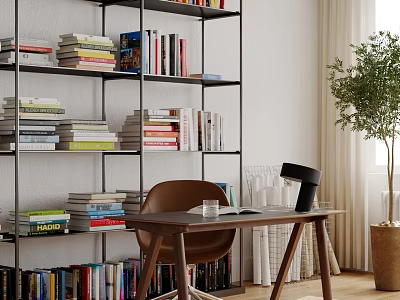Cozy Study Room Interior With Bookshelves Wooden Desk Brown Chair And Potted Plant 3d model