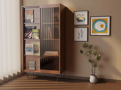 Cozy Room Interior Featuring Wooden Bookshelf With Glass Doors Books Wall Paintings And Potted Plant 3d model