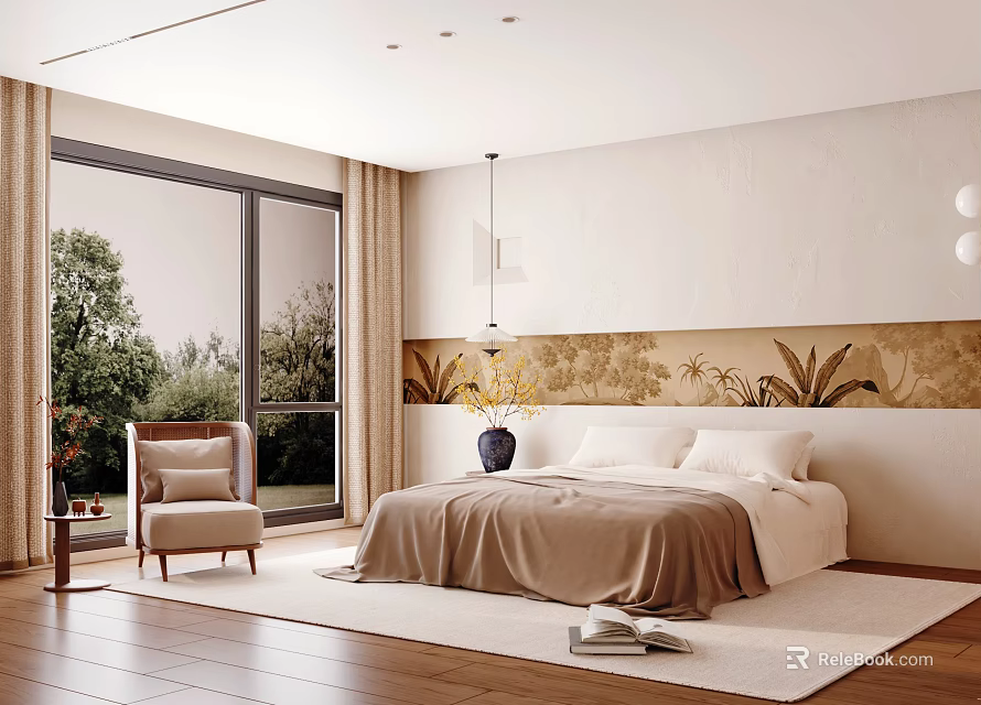 Modern Bedroom Interior With Large Bed Plant Decor Large Window And Wooden Floor 3d model 