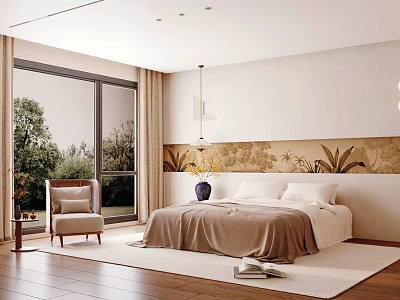 Modern Bedroom Interior With Large Bed Plant Decor Large Window And Wooden Floor 3d model