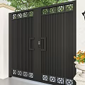 Black Entry Gate with White Columns Wall Lanterns Lattice Design Top and Orange Flower Planters