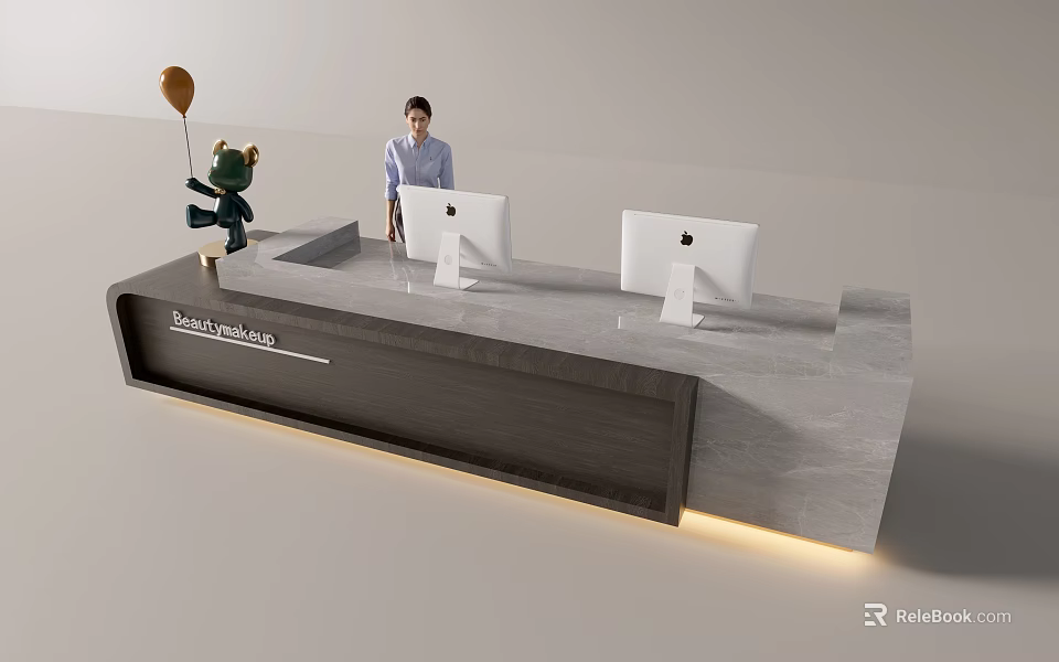 Modern Reception Desk with Receptionist Two Computers Green Toy Balloon Marble Countertop and LED Lighting 3d model 