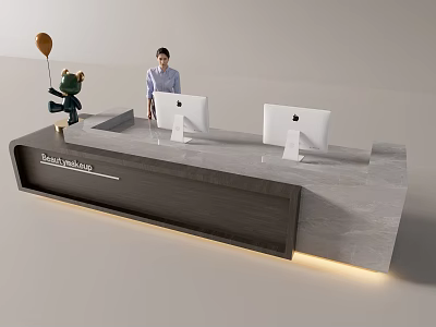 Modern Reception Desk with Receptionist Two Computers Green Toy Balloon Marble Countertop and LED Lighting 3d model