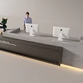 Modern Reception Desk with Receptionist Two Computers Green Toy Balloon Marble Countertop and LED Lighting