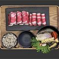 Fresh Assorted Foods in Wooden Tray with Pink Meat Slices Green Vegetables and Vermicelli
