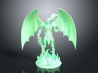 Glowing Green Dragon Statue With Wings Weapon And Flame Base Design 3d model