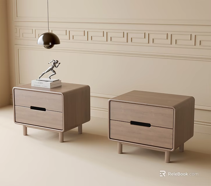 Two Light Wood Bedside Tables With Drawers Small Sculpture Books And Decorative Wall Molding 3d model 