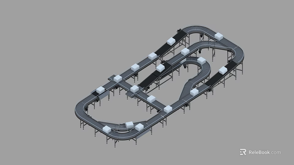 Industrial Automated Conveyor System with Curved Tracks and Cargo Packages in Factory 3d model 