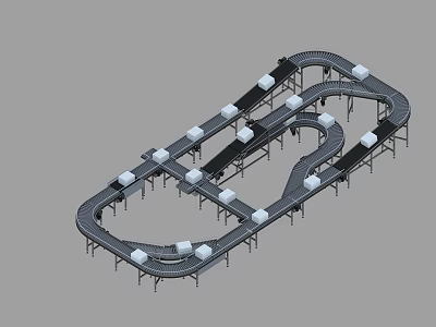 Industrial Automated Conveyor System with Curved Tracks and Cargo Packages in Factory 3d model