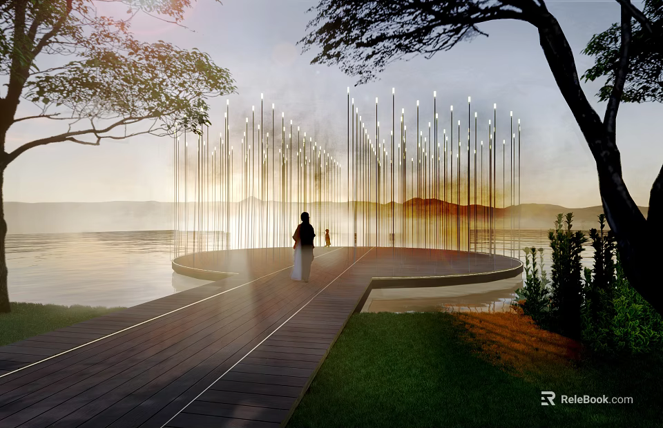 Tall Slender Outdoor Lights Along Lakeside Wooden Walkway With Sunset Warm Glow And Natural Landscape 3d model 