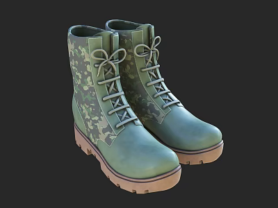 Military Green Camouflage Pattern Lace Up Boots With Brown Sole And Casual Design 3d model